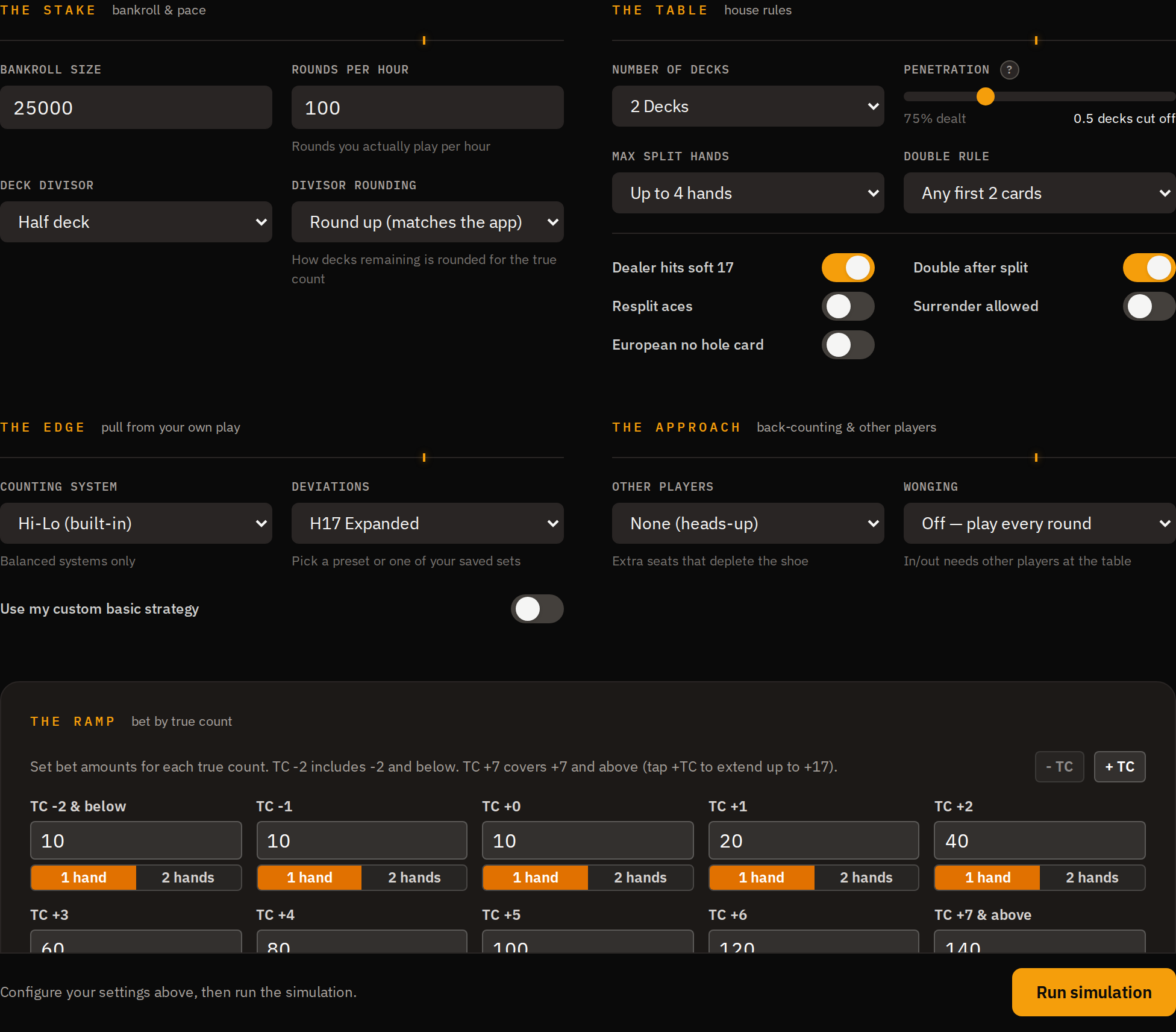 The simulator's configuration panel: count system, deviations, table rules, bet ramp by true count, wonging and other players.