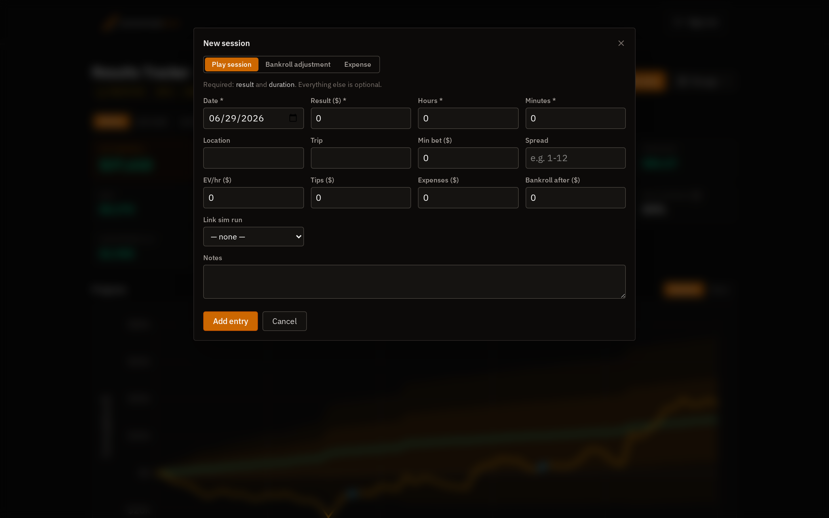 The Results Tracker add-session modal
