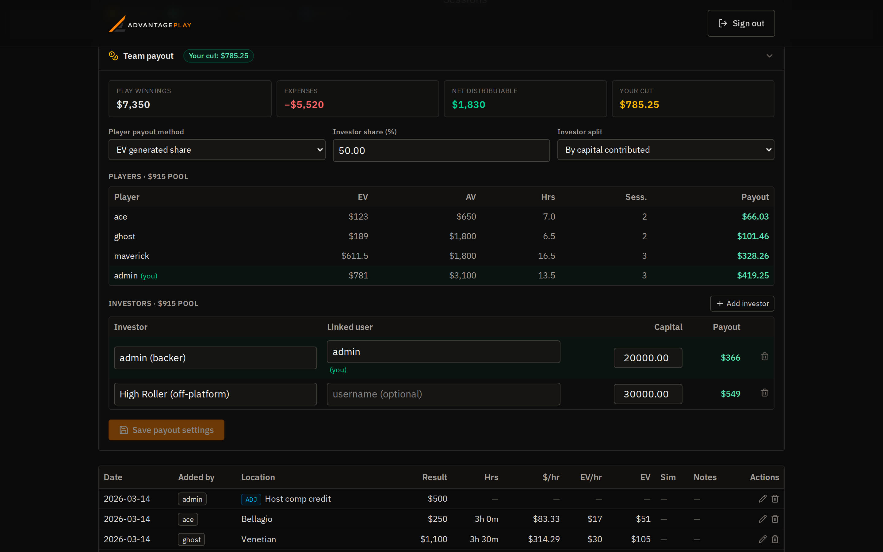 The team payout calculator with investor and player splits